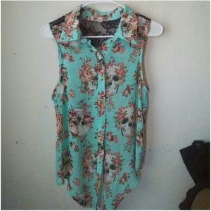 Penelope Skull Floral button up sleeveless top L